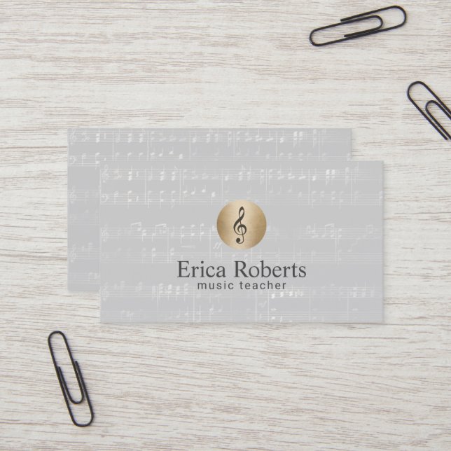 Music Teacher Gold Clef Logo Elegant Musical Business Card (Front/Back In Situ)