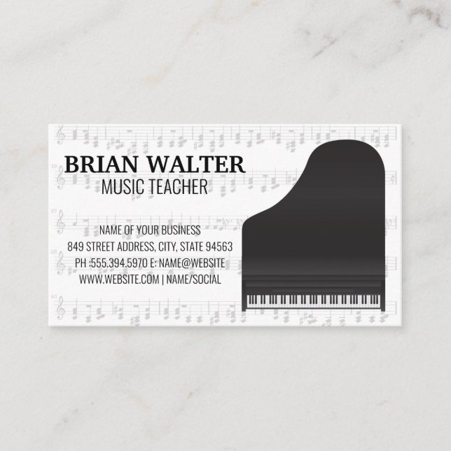 Music Teacher | Grand Piano | Musical Notes Business Card (Front)