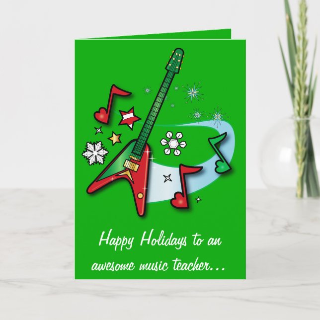 Music Teacher Holiday with Red and Green Guitar Card (Front)