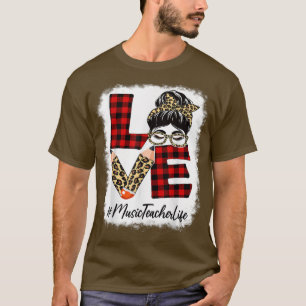 Music Teacher Love Messy Bun Leopard Buffalo Back T-Shirt