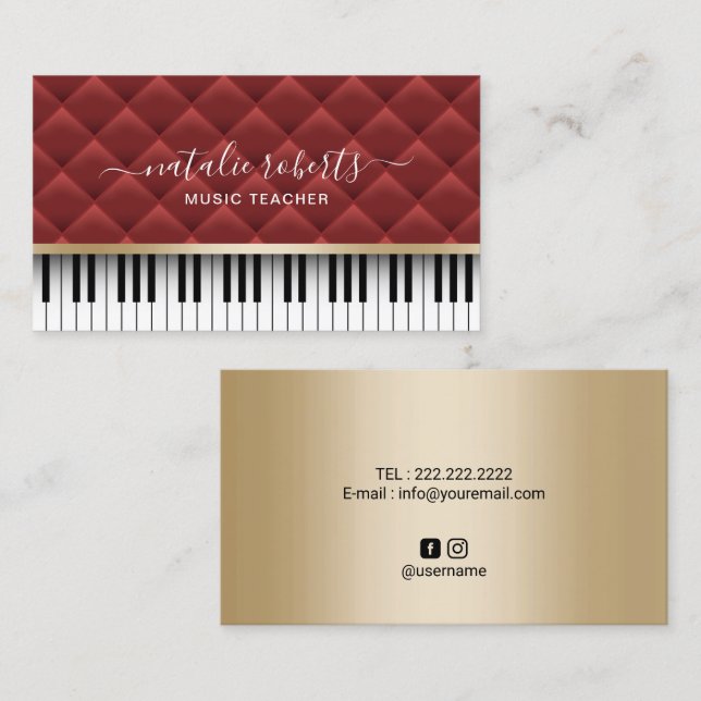 Music Teacher Luxury Red & Gold Piano Keys Business Card (Front/Back)