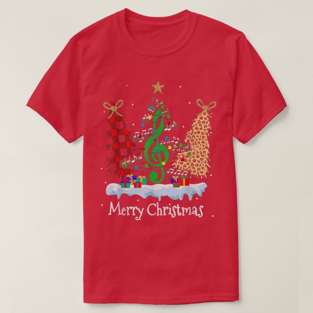 Music Teacher Merry Christmas Tree Leopard Buffalo T-Shirt (Design Front)