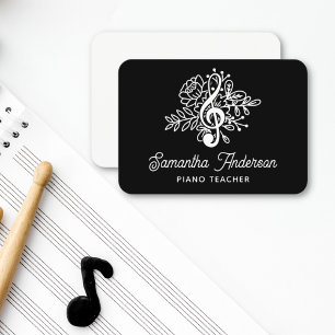 Music Teacher Modern Black Floral Treble Clef Business Card