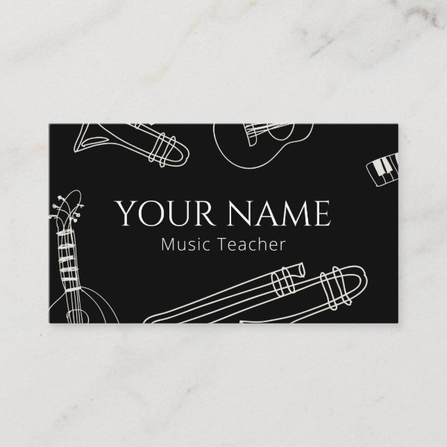 Music Teacher Modern Line Art Minimal Black White  Business Card (Front)