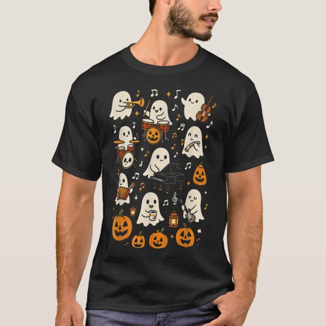 Music Teacher Orchestra Spooky Halloween Ghost  T-Shirt (Front)