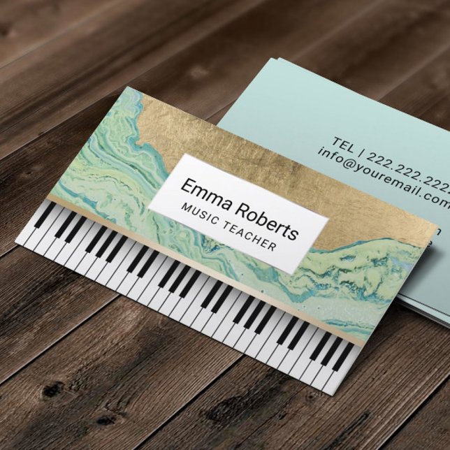 Music Teacher Piano Keys Modern Mint & Gold Business Card (Creator Uploaded)