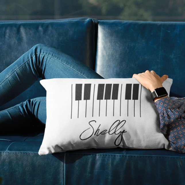 Music Teacher Piano Student Keyboard Name Decorative Cushion (Piano keyboard black and white pillow with personalized name in script)