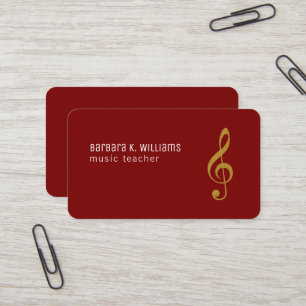 Music Teacher red business card with musical note