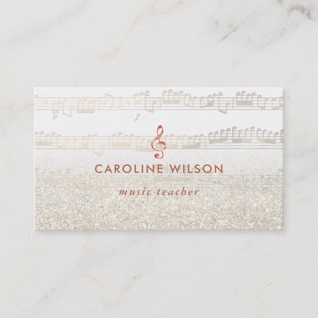 music teacher rose gold clef and faux glitter business card (Front)