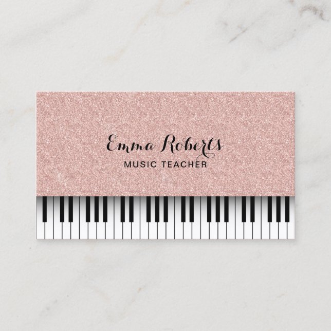Music Teacher Rose Gold Glitter Piano Business Card (Front)