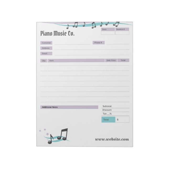 Music Teacher Theme Order Form/Invoice Notepad (Rotated)