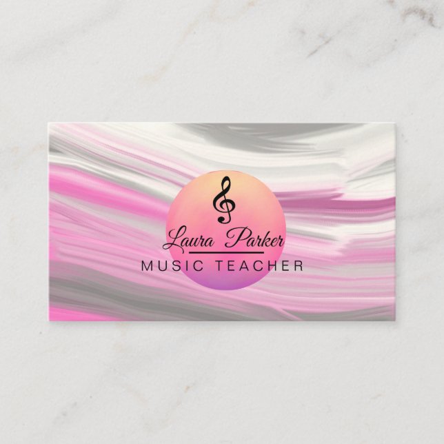 Music Teacher Treble Note Pink Sound Waves Business Card (Front)