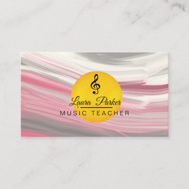 Music Teacher Treble Note Pink Sound Waves Business Card (Front)