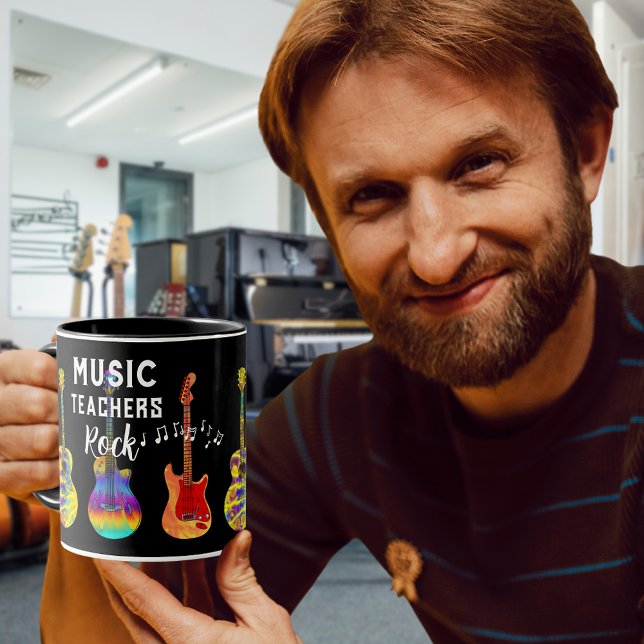 Music Teachers Rock Thank You Mug (Music teacher rock teacher thank you gift black coffee mug with colorful guitars and musical notes)