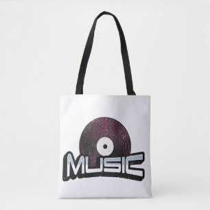 Music text with vinyl record tote bag