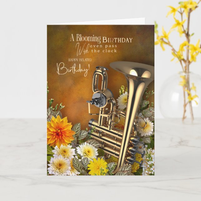 Music Theme Belated Birthday Card Brass Instrument (Yellow Flower)