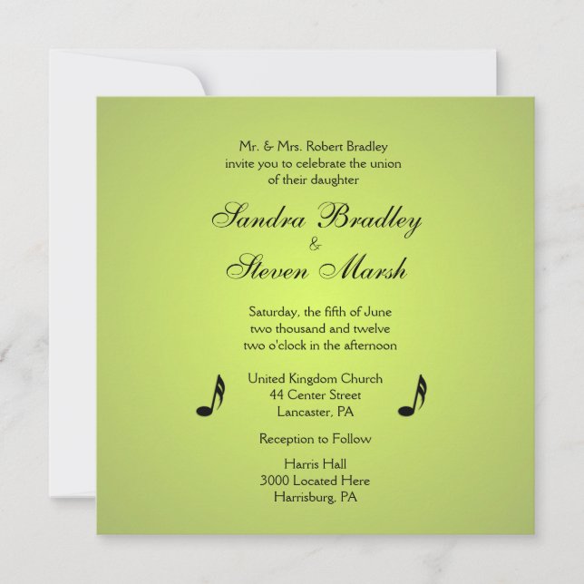 Music Theme Green Wedding Invitation (Front)