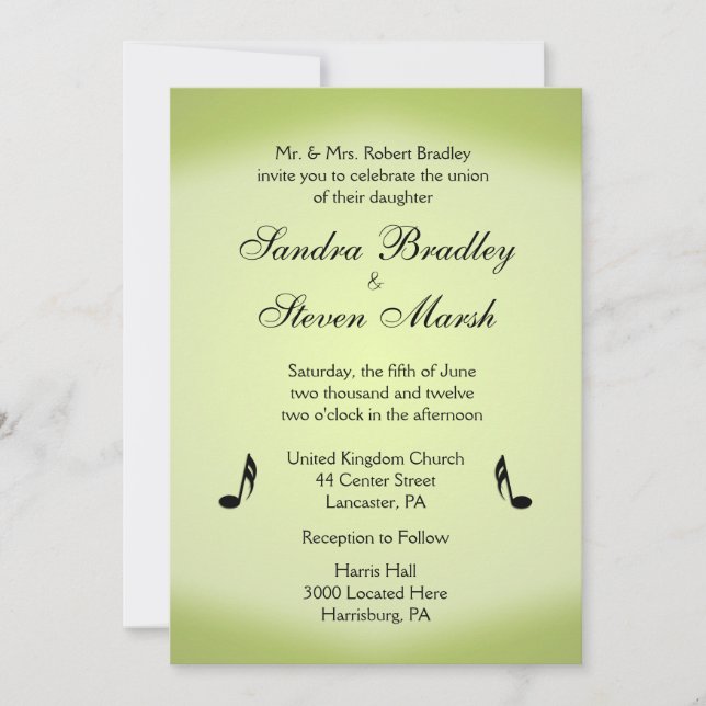 Music Theme Green Wedding Invitation (Front)