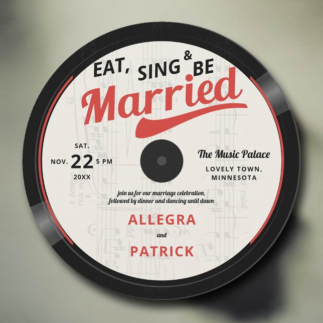 Music Theme Vintage Retro Vinyl 70s Wedding Invitation (music wedding invitation vinyl record vintage retro black white 70s 80s groovy red black white)