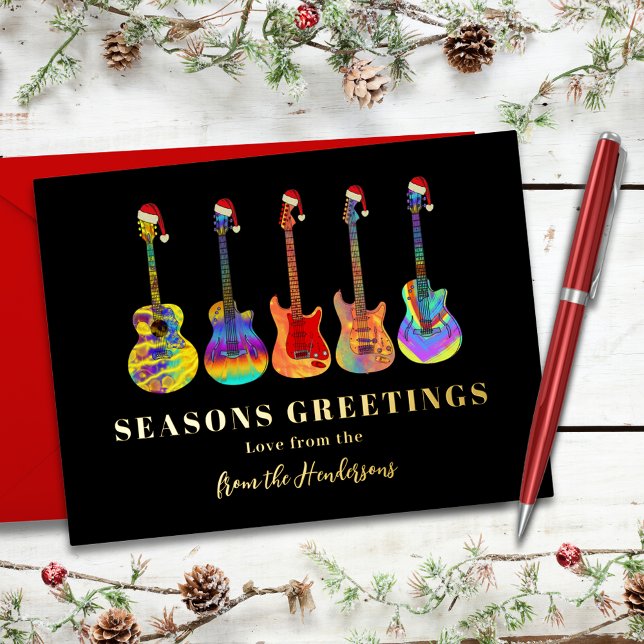 Music Themed Christmas Guitars Black and Gold Foil Holiday Postcard (Music themed Christmas guitars personalized seasons greetings black and gold foil holidays postcard)