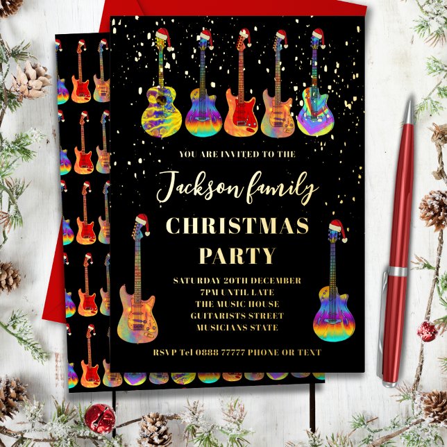 Music Themed Guitar Christmas Party Black and Gold Foil Holiday Card (Music themed christmas party black and gold foil invitation cool colorful guitars wearing santa hats)