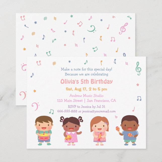 Music Themed Kids Birthday Party Invitations (Front/Back)