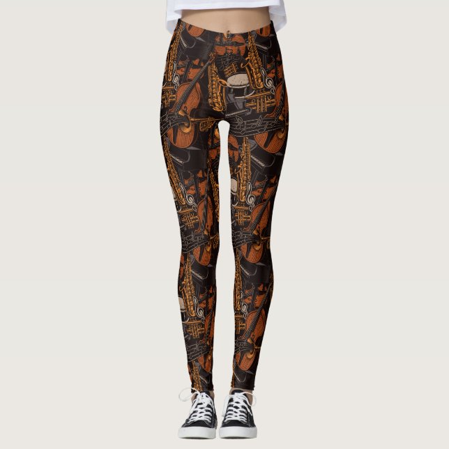 Music Themed Saxophone Violin Piano Leggings (Front)