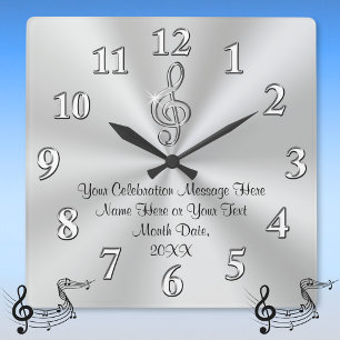 Music Themed Wall Clock, Silver Treble Clef Decor Square Wall Clock