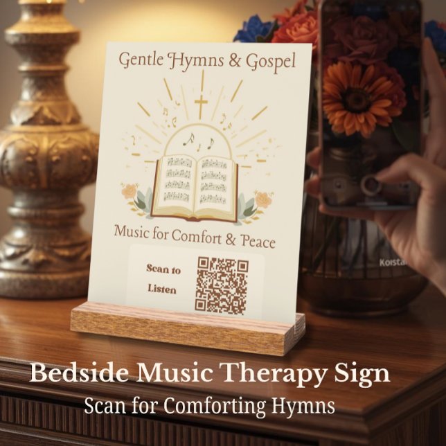  Music Therapy QR Code Bedside Acrylic Block Sign (Bedside acrylic block for memory care. Features a vintage hymn book and QR code for gospel hymns.)
