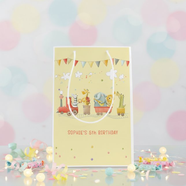 Music train with wild animals kids birthday medium gift bag (Creator Uploaded)