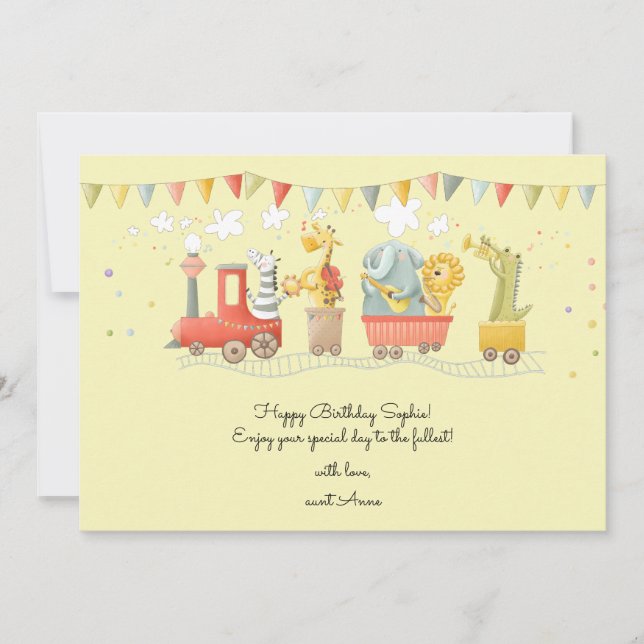 Music train with wild animals kids Happy Birthday Holiday Card (Front)