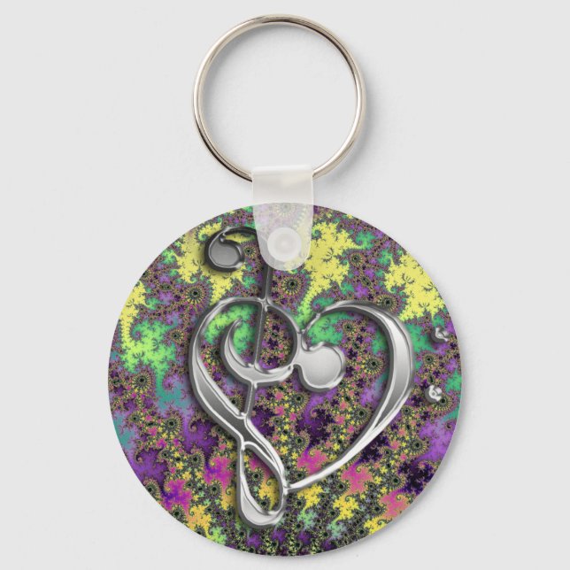 Music Treble Bass Clef Heart on Colourful Fractal Key Ring (Front)