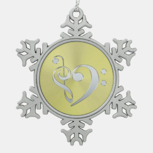 Music Treble Bass Clef Heart on Metallic Snowflake Snowflake Pewter Christmas Ornament