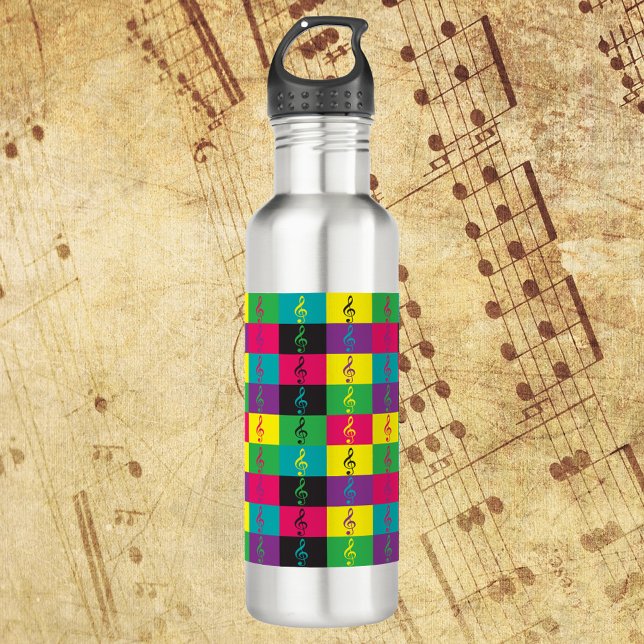 Music Treble Clef Pattern Colourful 710 Ml Water Bottle (A water bottle with a pattern of treble clefs in green, pink, blue, yellow and black)