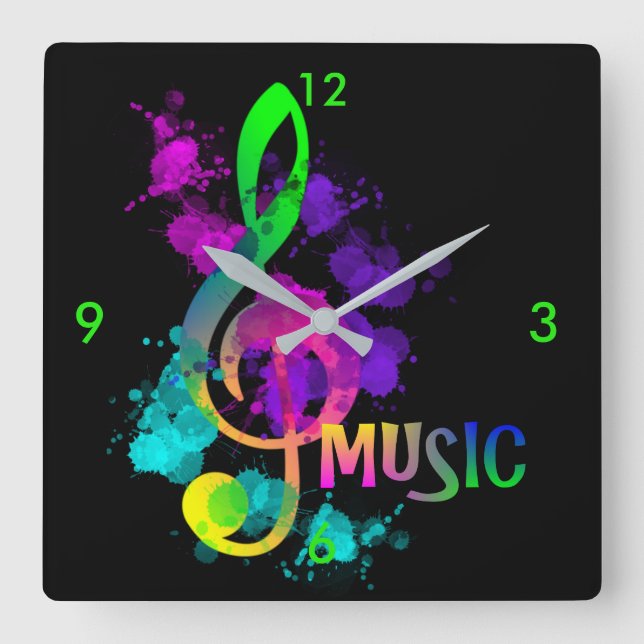 Music Treble Clef Rainbow Colours Paint Splatter Square Wall Clock (Front)