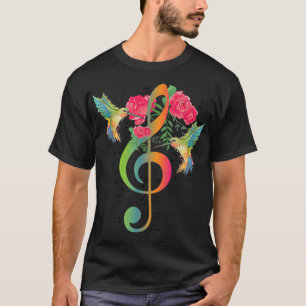Music Treble Clef Roses Hummingbird Music Notes Mu T-Shirt