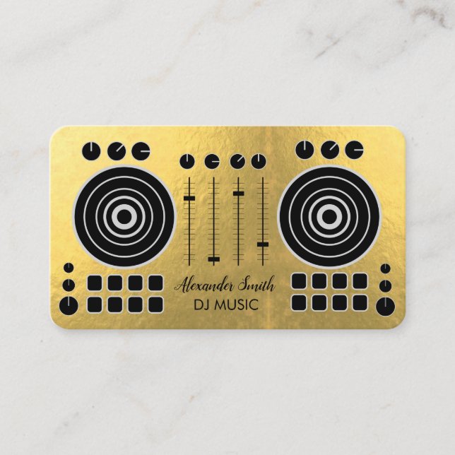 Music Turntable Black and Gold White DJ Player  Business Card (Front)