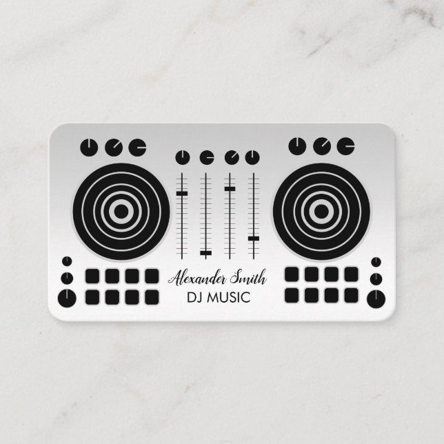 Music Turntable Black and Silver White DJ Player  Business Card (Front)