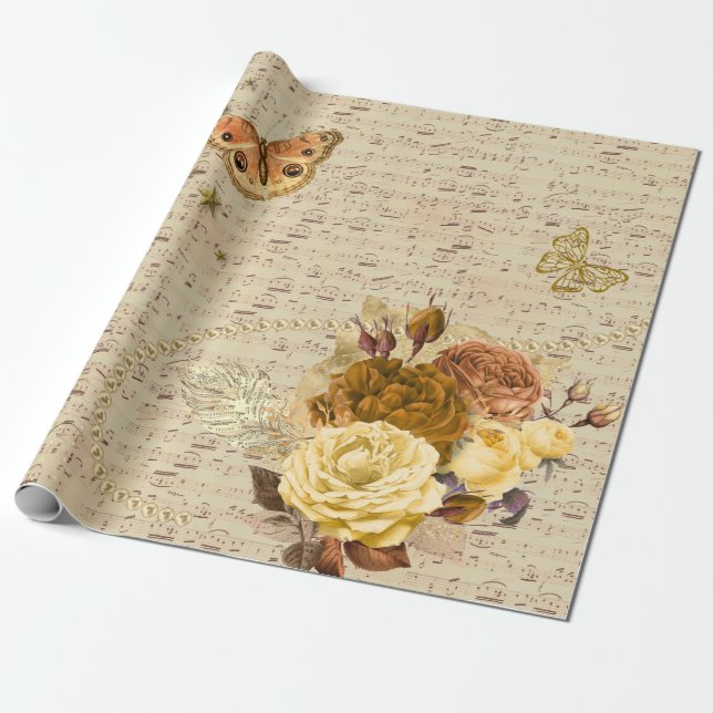 Music Vintage Decoupage Butterfly Floral Wrapping Paper (Unrolled)