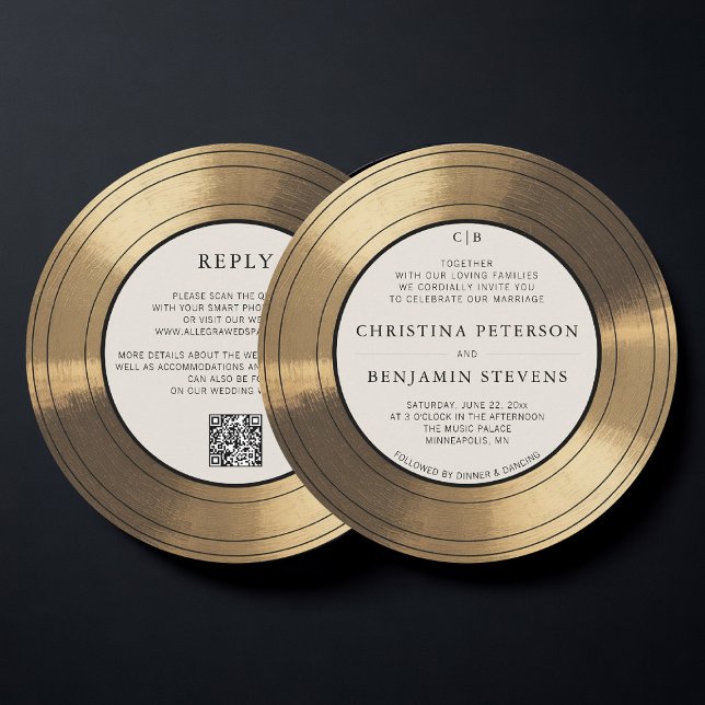 Music Vintage Gold LP Vinyl Typography Wedding Invitation (music lover wedding invitation gold vintage lp record musician QR code RSVP all one typography)