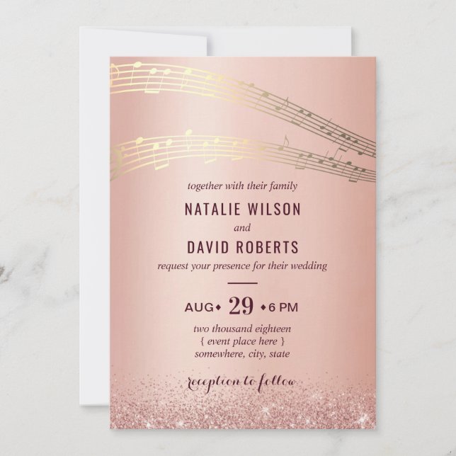 Music Wedding Modern Rose Gold Background Invitation (Front)