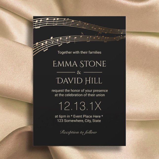 Music Wedding Party Elegant Black & Gold Invitation (Creator Uploaded)