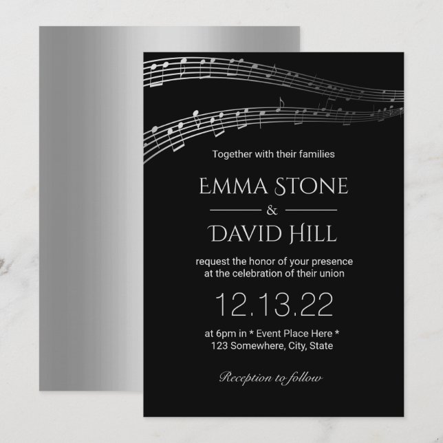 Music Wedding Party Elegant Black & Silver Invitation (Front/Back)