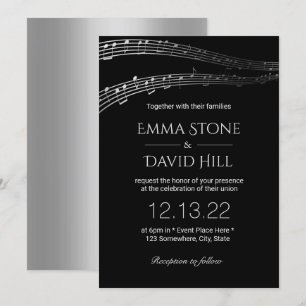 Music Wedding Party Elegant Black & Silver Invitation