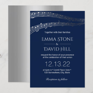 Music Wedding Party Elegant Navy & Silver Invitation