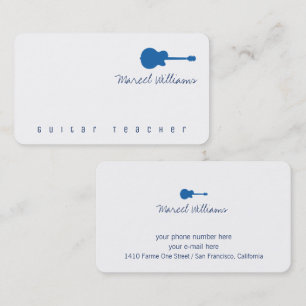 music white business card with a blue guitar