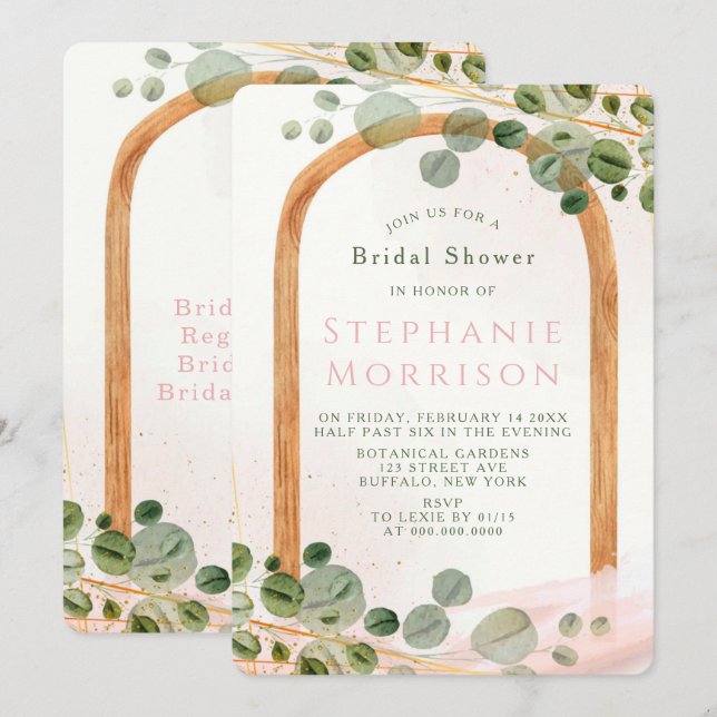 Music Wooden Arch Eucalyptus Pink Bridal Shower Invitation (Front/Back)