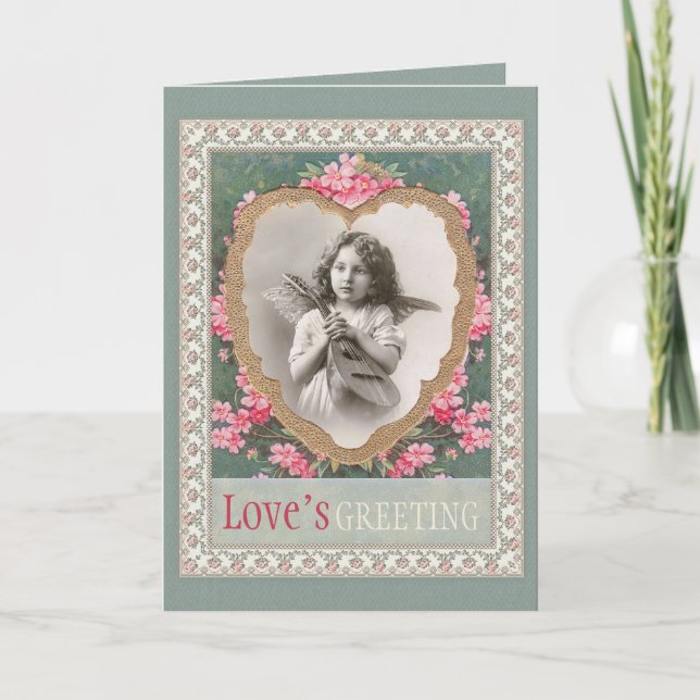 Musical angel in a gold heart CC0800 Valentine Holiday Card (Front)