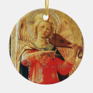MUSICAL ANGEL  IN RED AND GOLD Ruby Gem stone Ceramic Tree Decoration