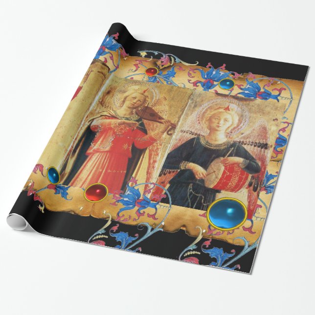 MUSICAL ANGELS PARCHMENT,RED BLUE FLOWERS,GEMS WRAPPING PAPER (Unrolled)